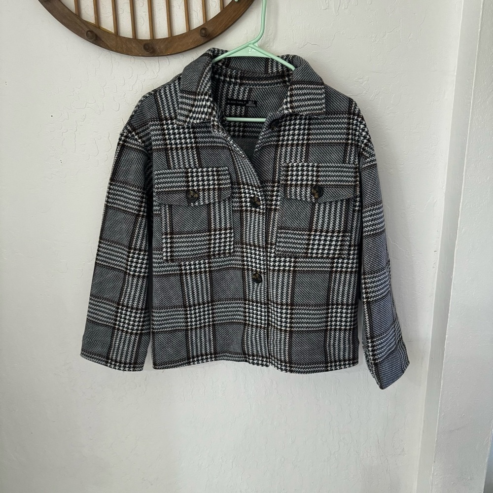 Black Tape Shacket Houndstooth Plaid Pattern Shirt Jacket Pocket Size S - Picture 3 of 7